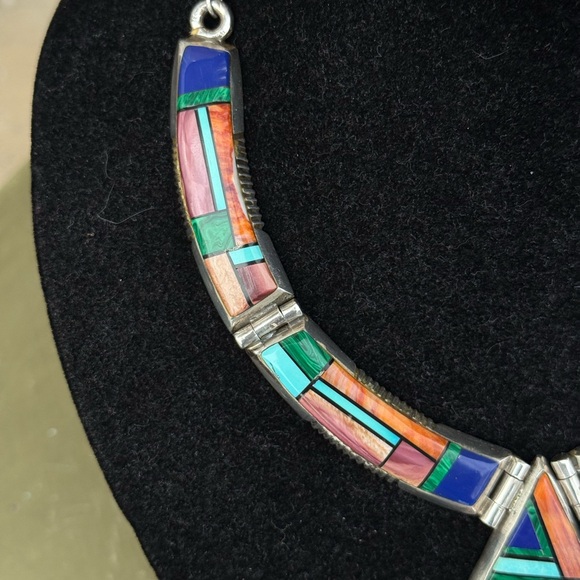 Frank Yellowhorse Rare vintage Navajo sterling mosaic necklace with turquoise - Picture 4 of 8